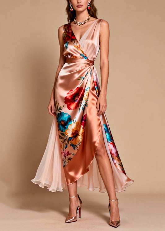 V Neck Print Patchwork Silk Dress Sleeveless