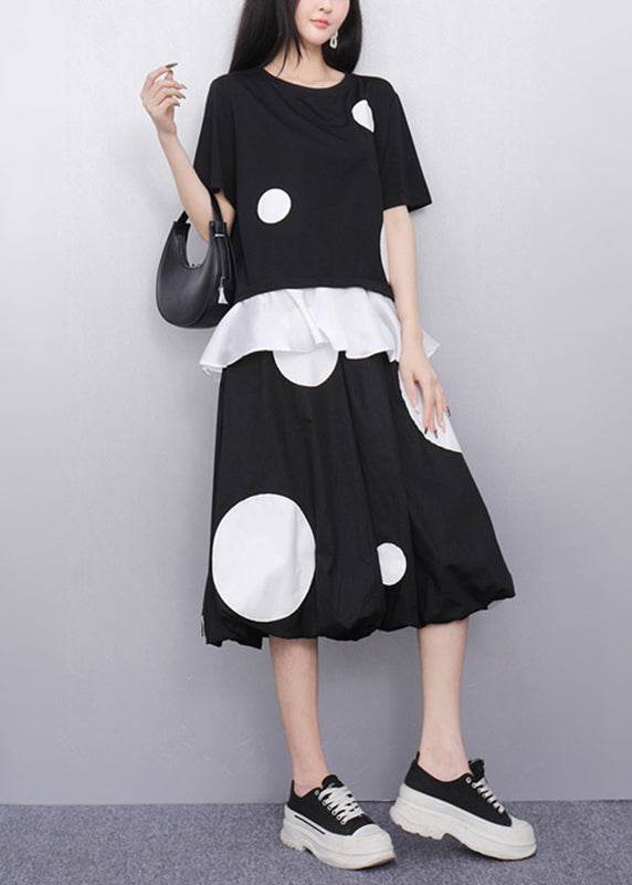 Black O-neck Dot Top and Skirts Two Pieces Set Short Sleeve