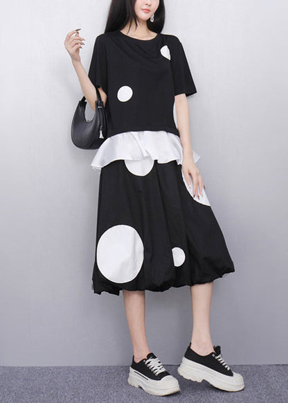 Black O-neck Dot Top and Skirts Two Pieces Set Short Sleeve