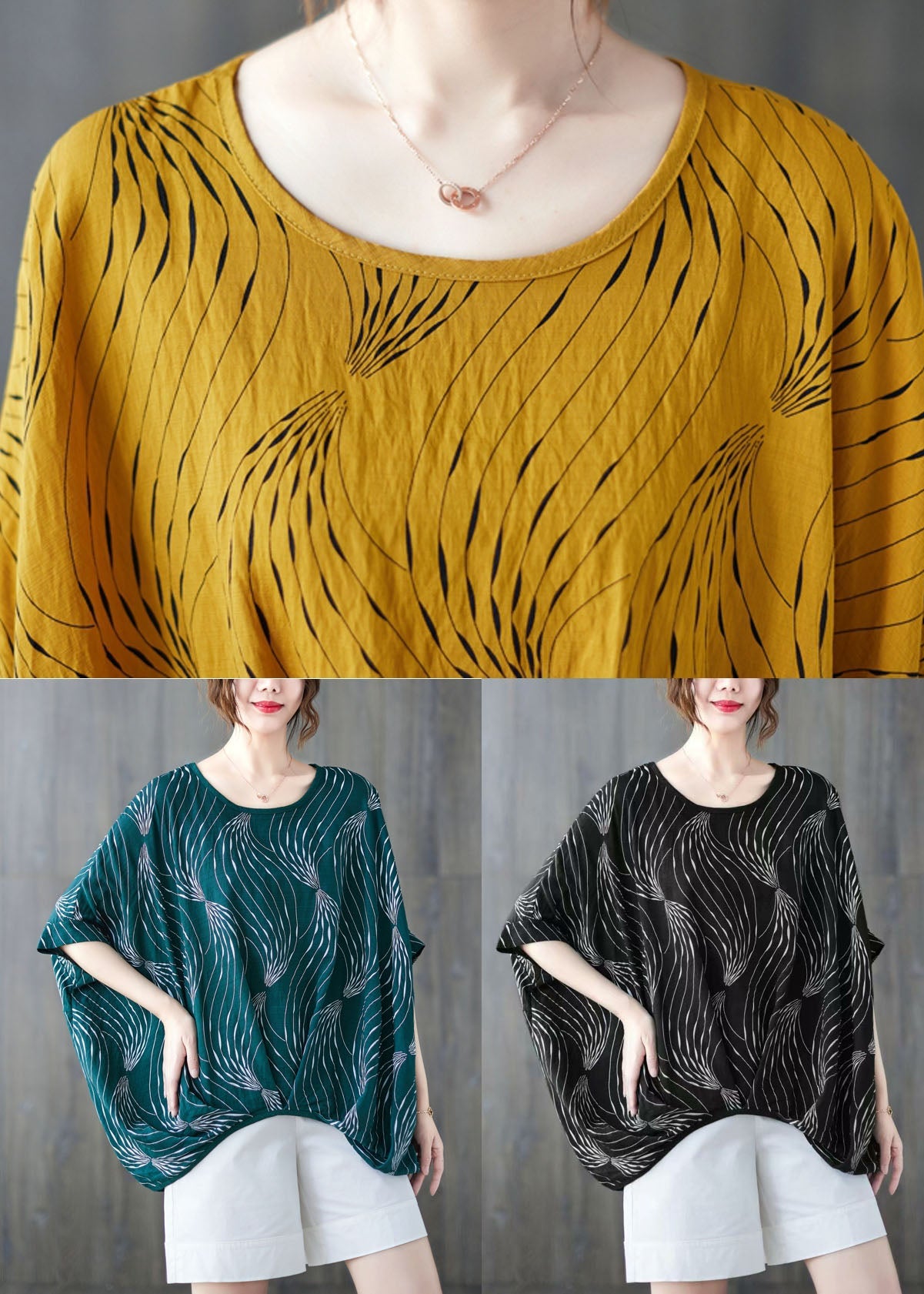 Black Print Cotton Tanks Wrinkled O-neck Batwing Sleeve