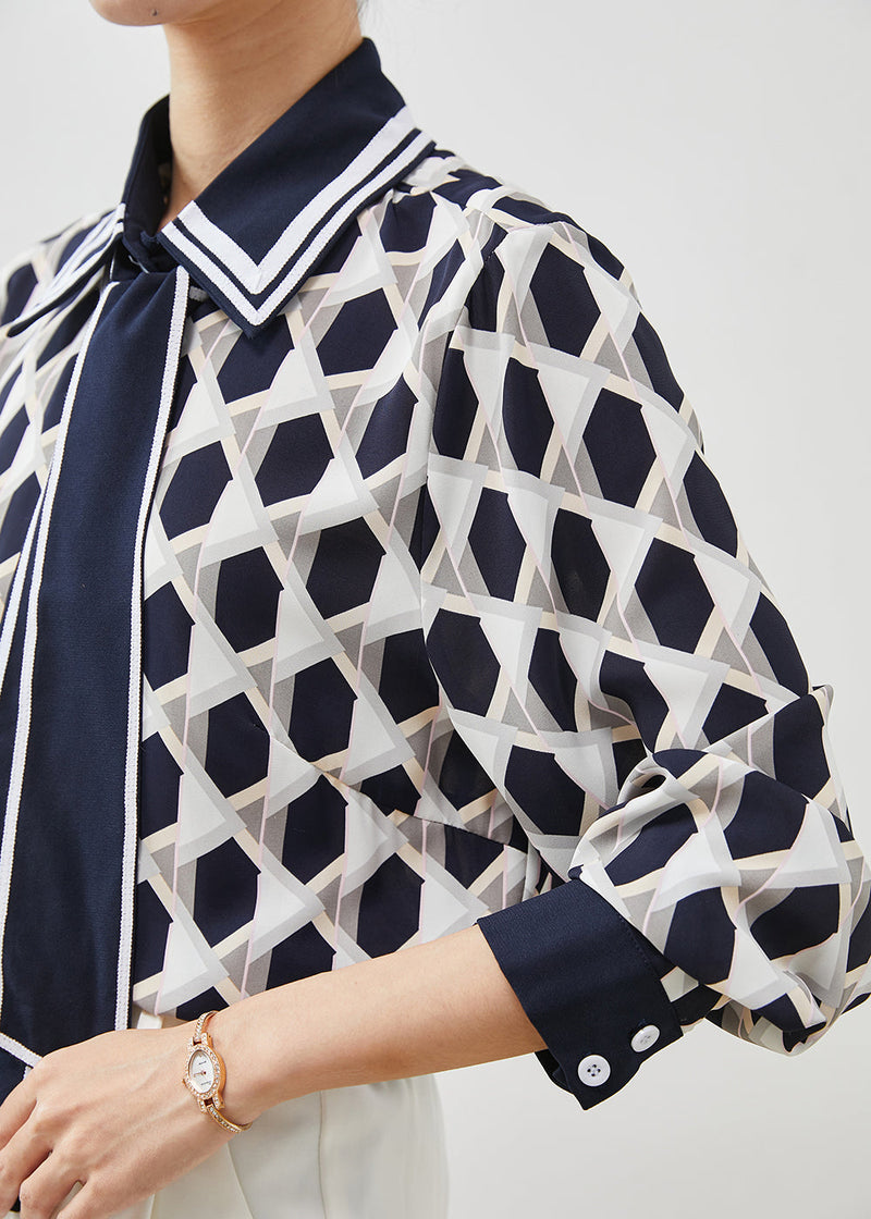 Navy Peter Pan Collar Print Chiffon Blouses Summer