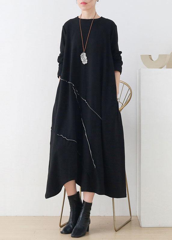 Natural Black O-neck Patchwork Fall Knit Dress Long Sleeve