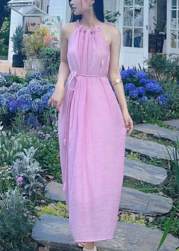 Pink Ruffled Lace Up Cotton Long Dress Sleeveless
