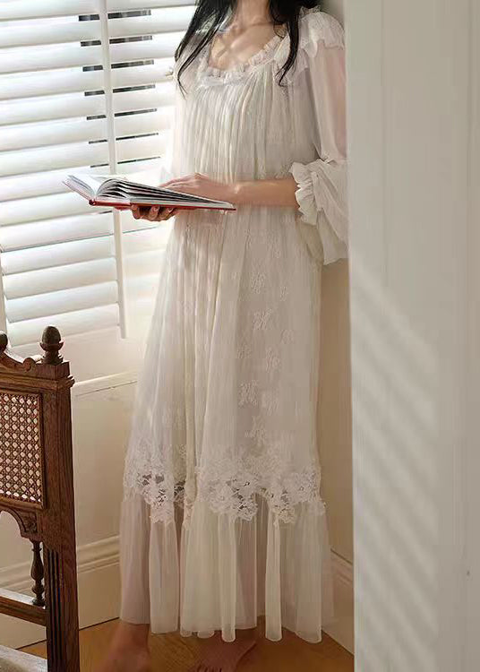 Novelty White Ruffled Lace Tulle Pajamas Long Dress Spring