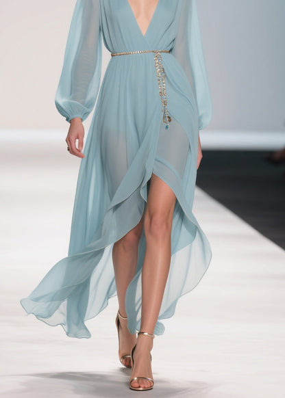 Original Design Pale Mint Blue Low High Design Chiffon Long Dress Spring