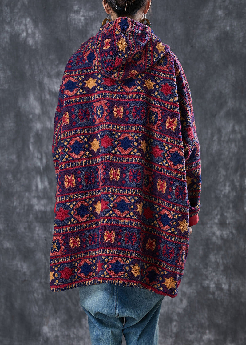 Purple Print Faux Fur Jacket Oversized Drawstring Winter