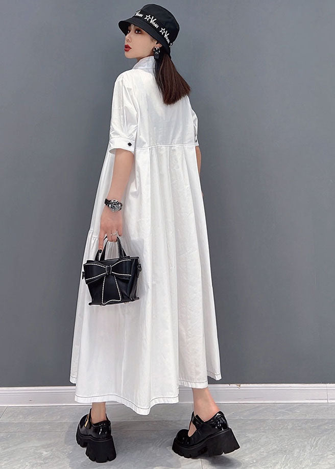 White Peter Pan Collar Print Wrinkled Cotton Party Shirt Dress Short Sleeve