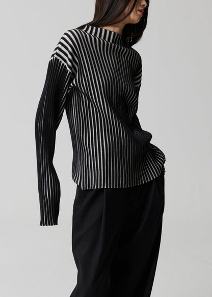 French Striped Stand Collar Patchwork Knit Top Long Sleeve Winter