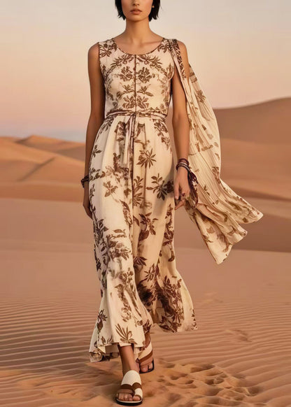 Khaki Asymmetrical Print Cotton Holiday Dresses Summer