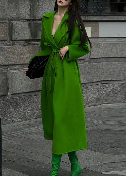 Art Green Peter Pan Collar Tie Waist Patchwork Woolen Coat Winter