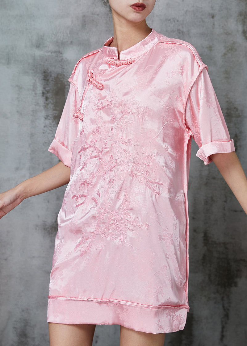 Pink Embroidered Chinese Button Silk Mini Dress Spring