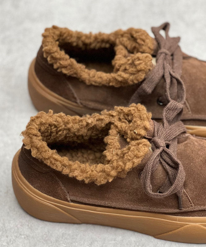 Chocolate Flats Lace Up Flat Shoes for Fuzzy Wool Lined