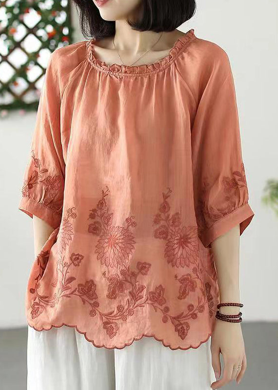Orange Ruffled Embroideried Linen T Shirt Summer