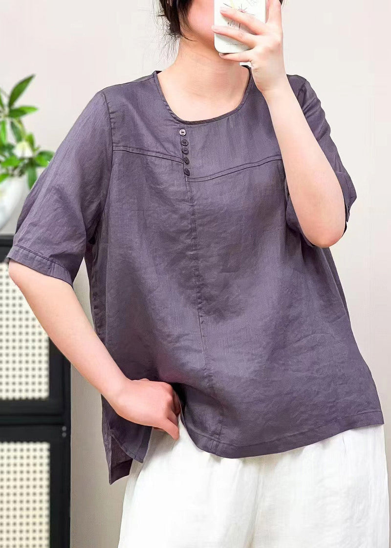 Caramel O Neck Patchwork Linen T Shirts Summer