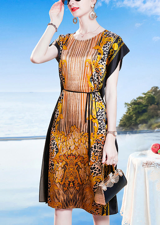 Khaki O-neck Print Side Open Sashes Silk Robe Dresses Short Sleeve