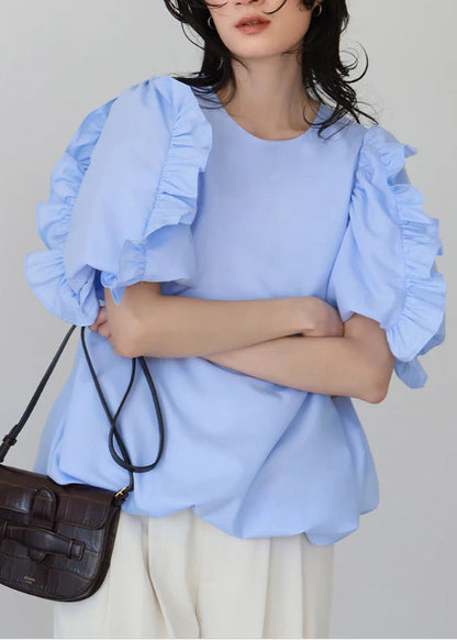 Fitted Blue Ruffled Cotton Tanks Puff Sleeve