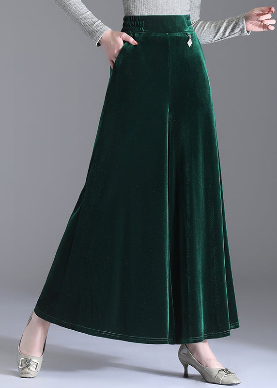 Green Pockets Elastic Waist Velour Wide Leg Pants Fall