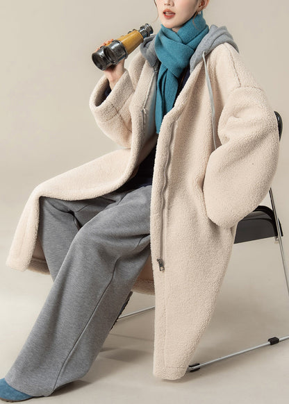 Apricot Hooded Zippered Patchwork Teddy Faux Fur Coat Winter