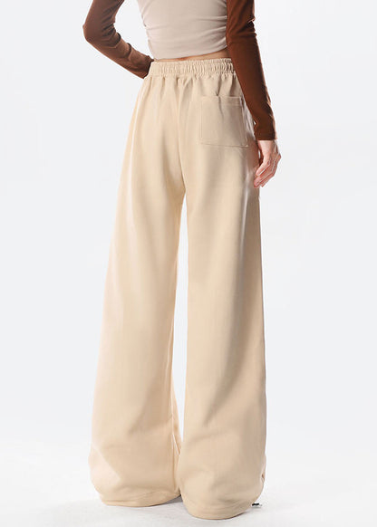 Apricot Butterfly Embroideried Warm Fleece Wide Leg Pants Spring