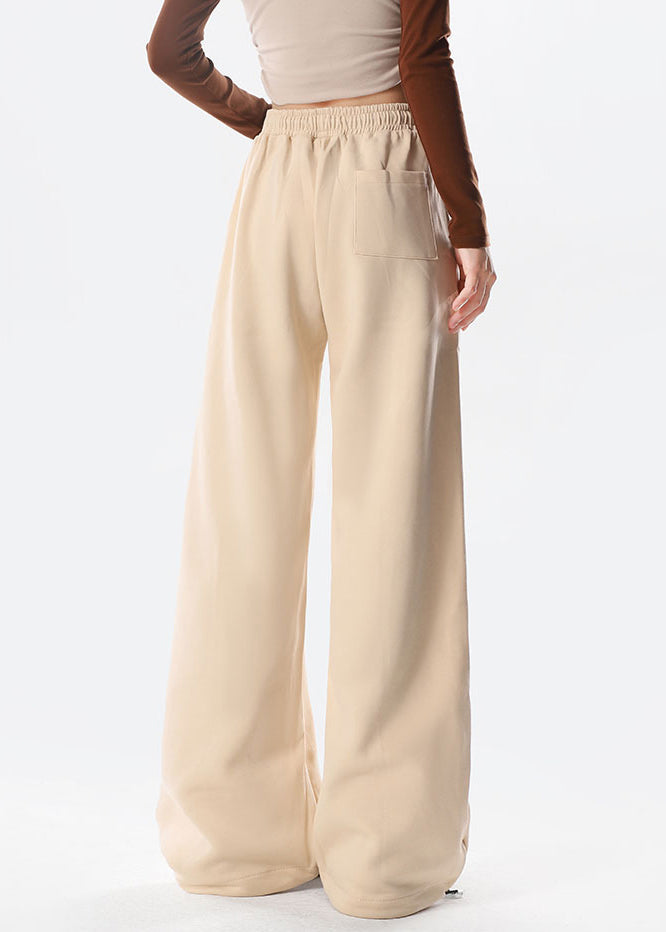 Apricot Butterfly Embroideried Warm Fleece Wide Leg Pants Spring