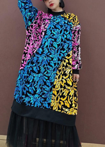 O Neck Patchwork Tulle Spring Quilting Dresses Sequined Vestidos De Lino Dresses
