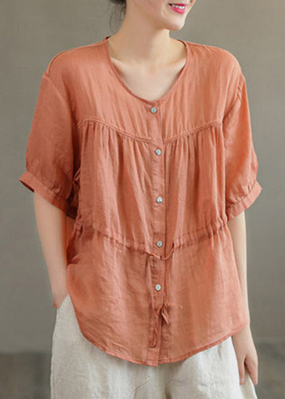 Boutique Orange O-neck Drawstring Button Linen Short Sleeve