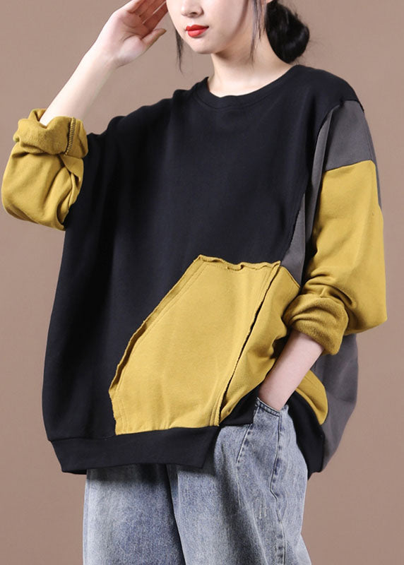 Black Patchwork Yellow Loose Fall Sweatshirt Street Wear