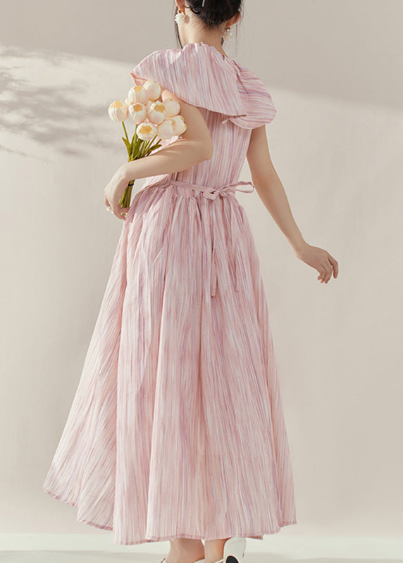 Pink Peter Pan Collar Tie Waist Maxi Dress Short Sleeve
