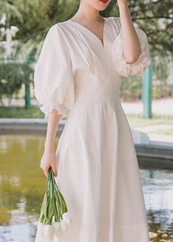 White V Neck Lantern Sleeve Ruffles Maxi Dresses