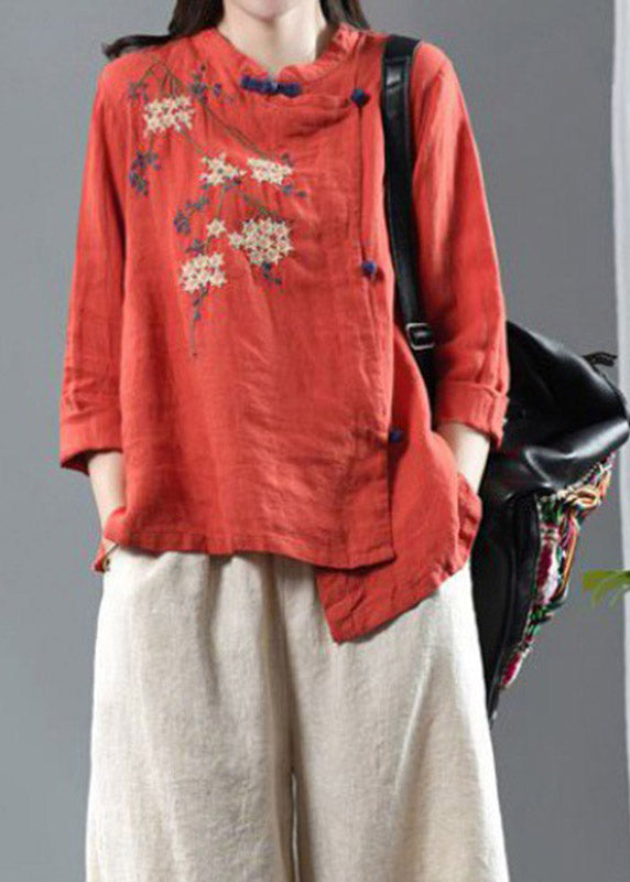 Orange O-neck Asymmetrical Design Button Embroideried Linen Top Long Sleeve