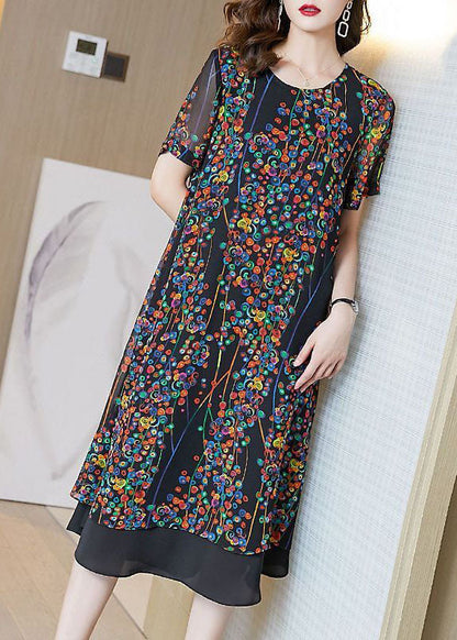 Classy Black O-neck Patchwork Print Chiffon Long Dress Summer