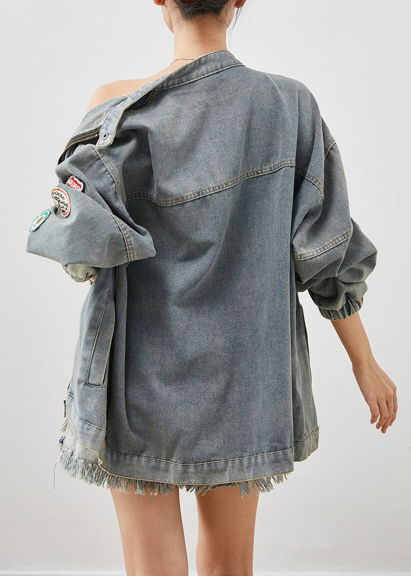 French Blue Embroideried Applique Denim Coats Fall