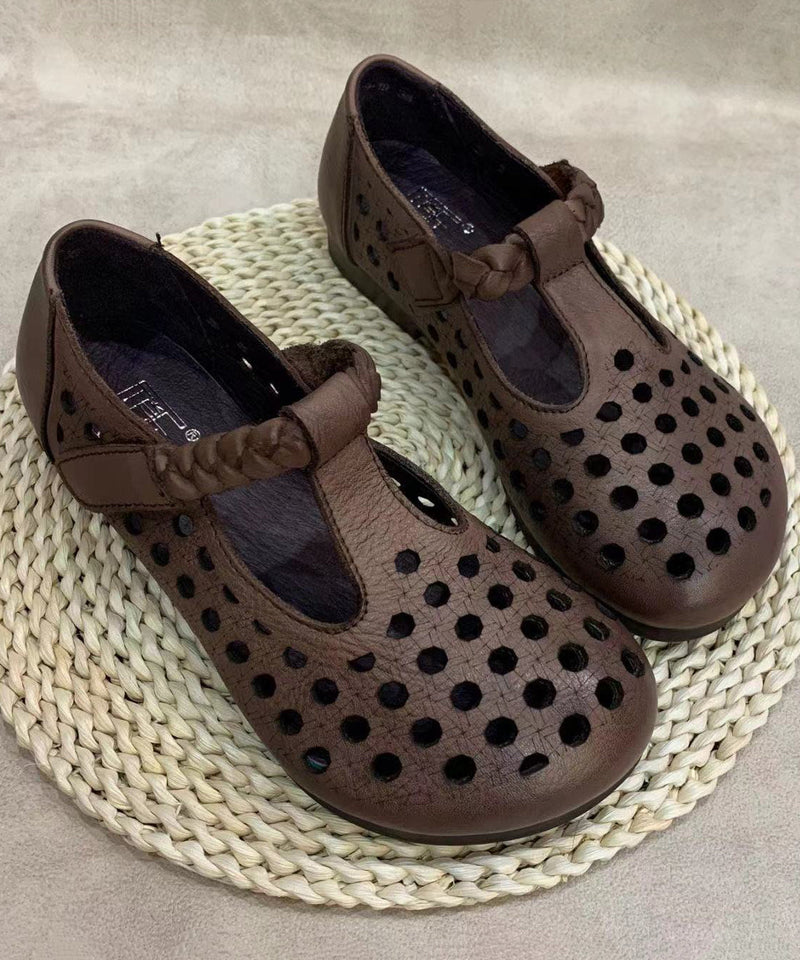 Comfy Beige Flat Shoes Hollow Out Cowhide Leather