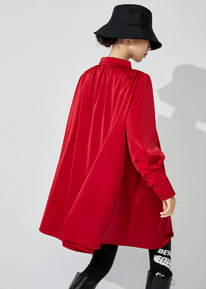Red Stand Collar Oversized Wrinkled Silk Shirt Top Spring