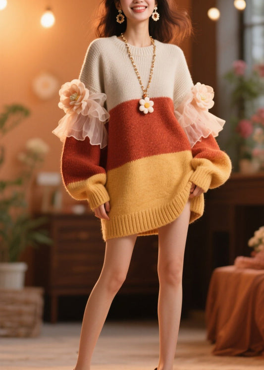 Diy Colorblock O Neck Ruffled Knit Dress Winter