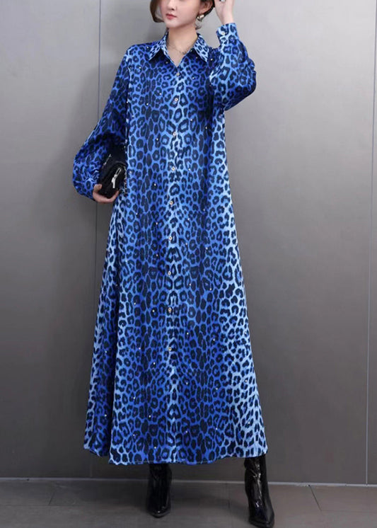 Modern Blue Leopard Print Button Maxi Shirts Dress Lantern Sleeve Fall
