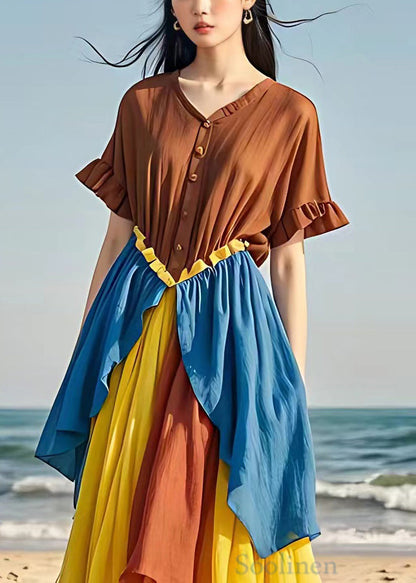 Brown Ruffled Button Patchwork Cotton Dresses Summer