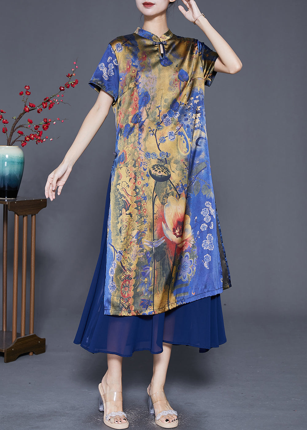 Blue Print Patchwork Silk Maxi Dresses Summer
