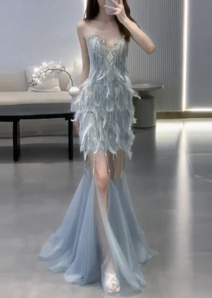 Handmade Blue Zircon Feather Cape and Dress Tulle Two Pieces Set