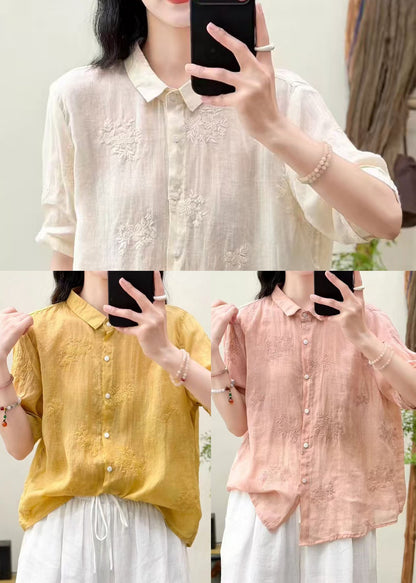 Fine Pink Oversized Embroidered Linen Tops Summer