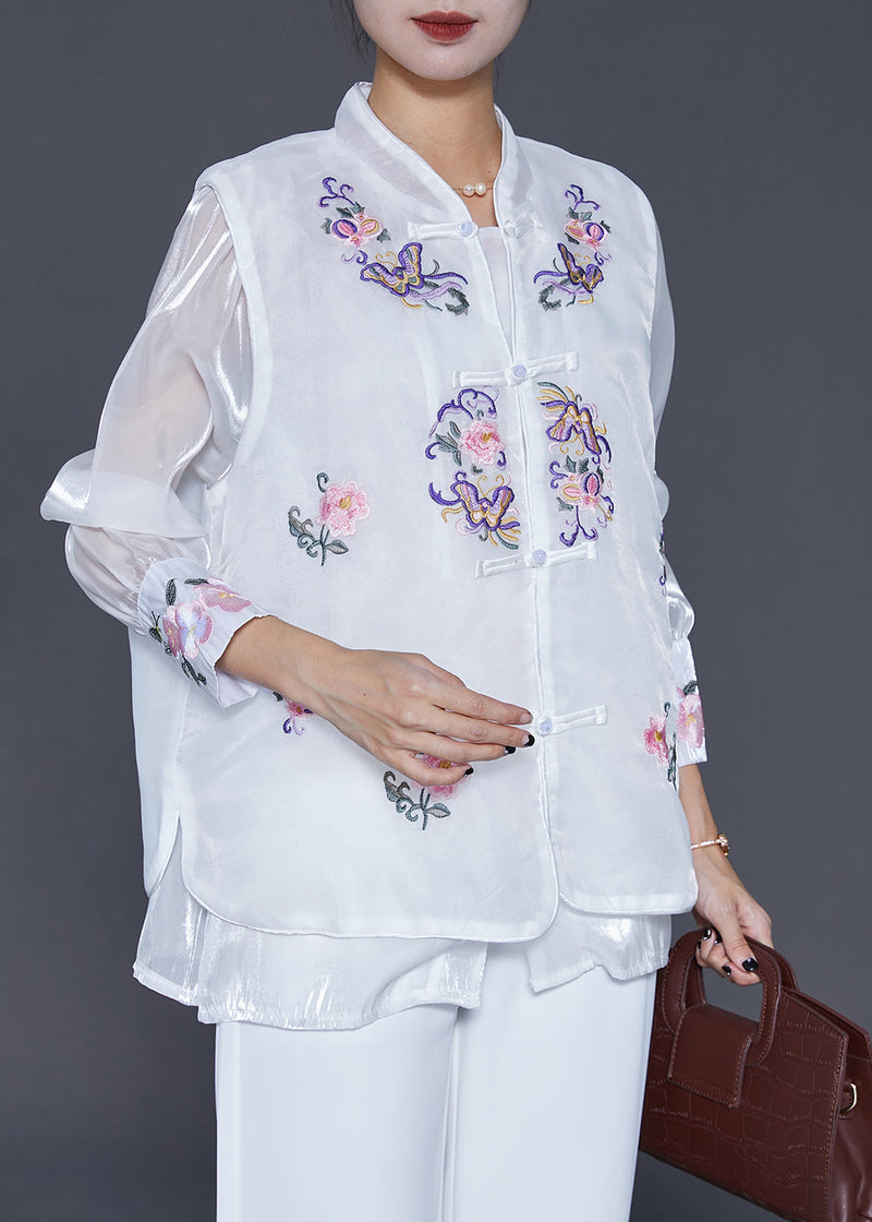 White Embroideried Chinese Button Silk Two Pieces Set Fall