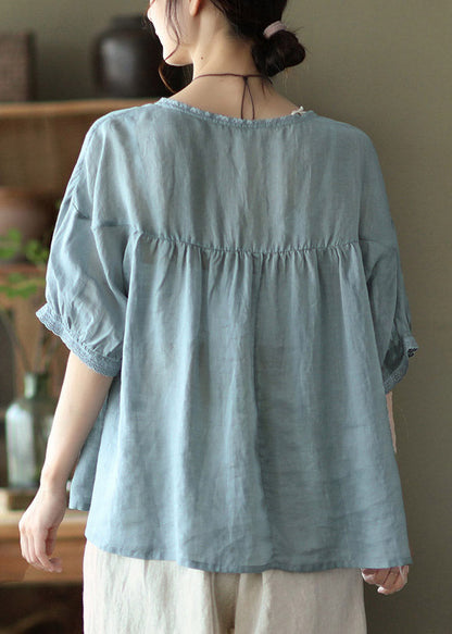 Light Blue Grey Button Linen Tops Half Sleeve