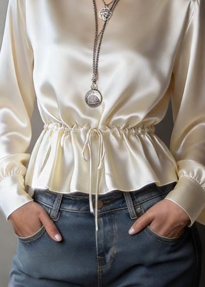 Unique Champagne O Neck Drawstring Silk Top Spring