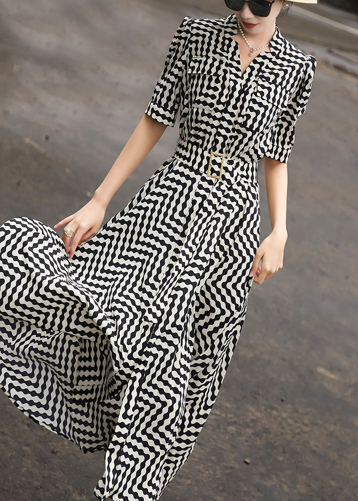 Black Striped Tie Waist Chiffon Dresses Summer