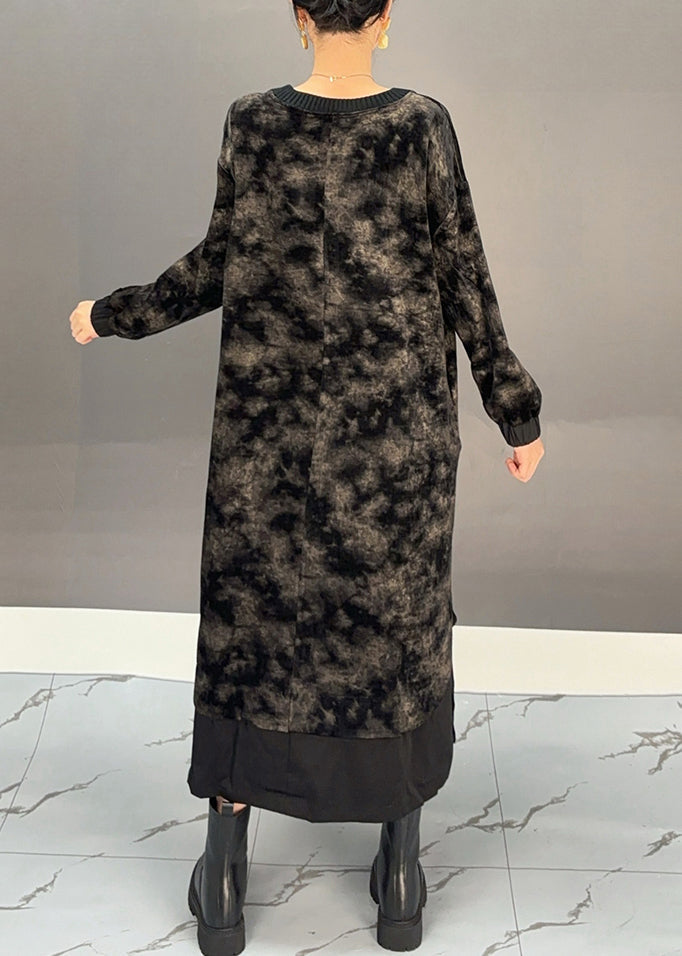 Black O-neck Tie Dye Side Open Silk Velour Maxi Dress Winter