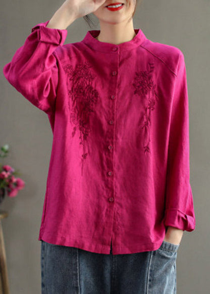 Chocolate Stand Collar Embroideried Button Linen Shirts Long Sleeve