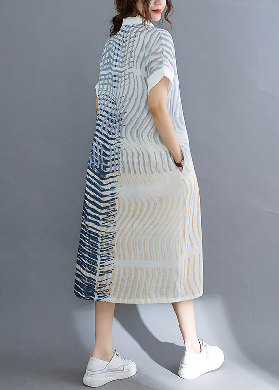 Striped Button Cotton Long Dress Short Sleeve