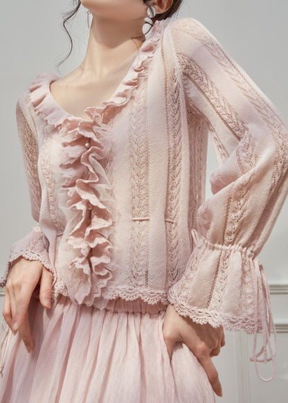 French Pink Ruffled Hollow Out Patchwork Knit Top Flare Sleeve