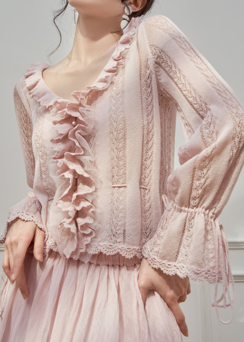 French Pink Ruffled Hollow Out Patchwork Knit Top Flare Sleeve
