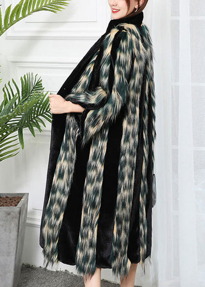 Gradient Color Striped Patchwork Faux Leather and Fur Coat Outwear Winter
